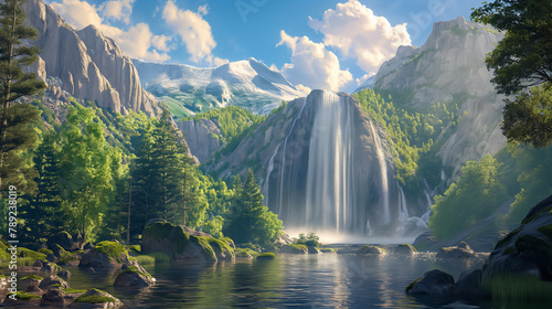 A beautiful landscape with waterfalls and mountains.  