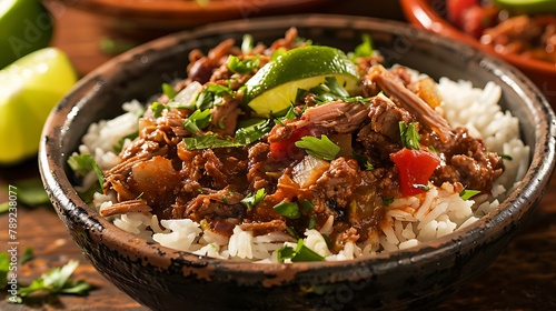 A delicious cuban ropa vieja stew on a bed of rice with lime garnish photo