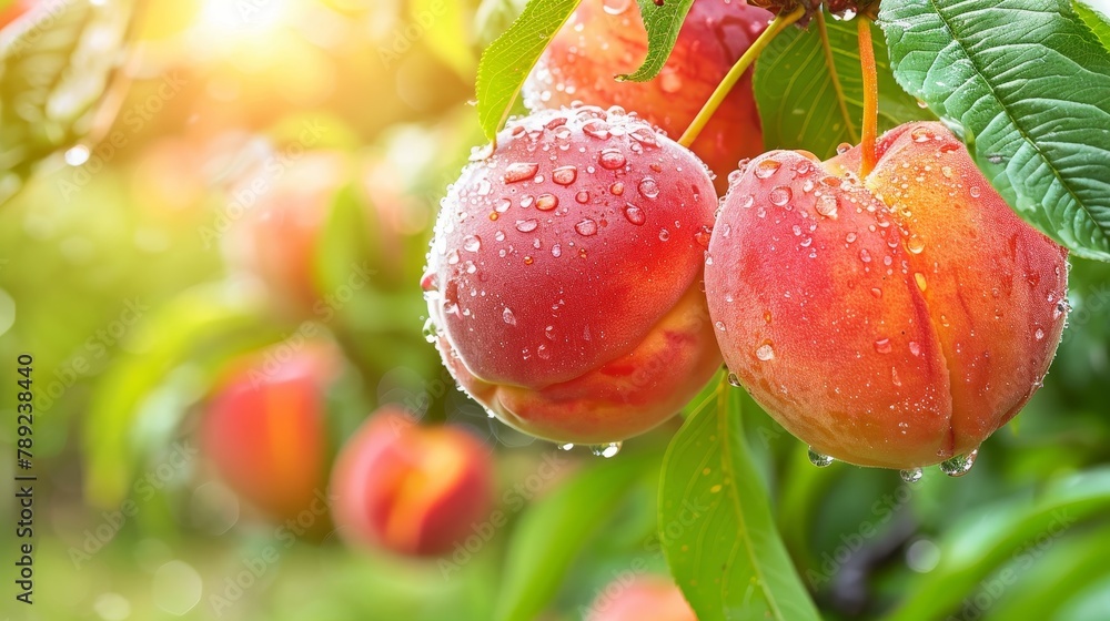 Macro close up of juicy peach with water drops on tree, ideal for wide banner with copy space Macro close up of juicy peach with water drops on tree, ideal for wide banner with copy space
