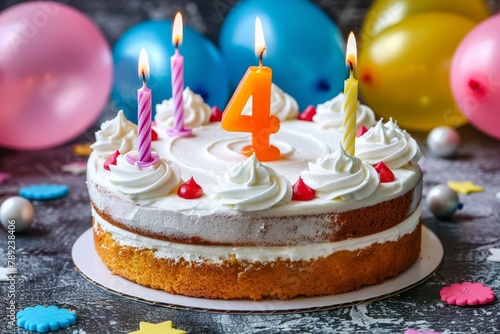 Fourth year celebration  number four candle on birthday cake with balloons and party decor