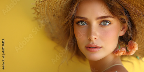 Young beautiful lady with flowers, in dress against yellow background, space for text, created with Generative AI technology