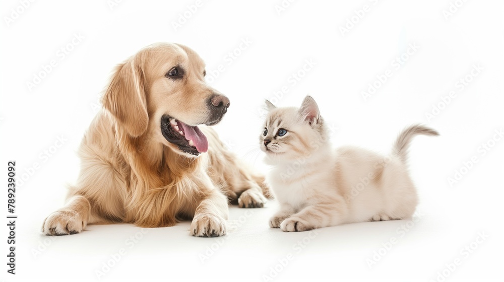 Cat and dog together, isolated on white. Retriever and kitten Cat and dog together, isolated on white. Retriever and kitten