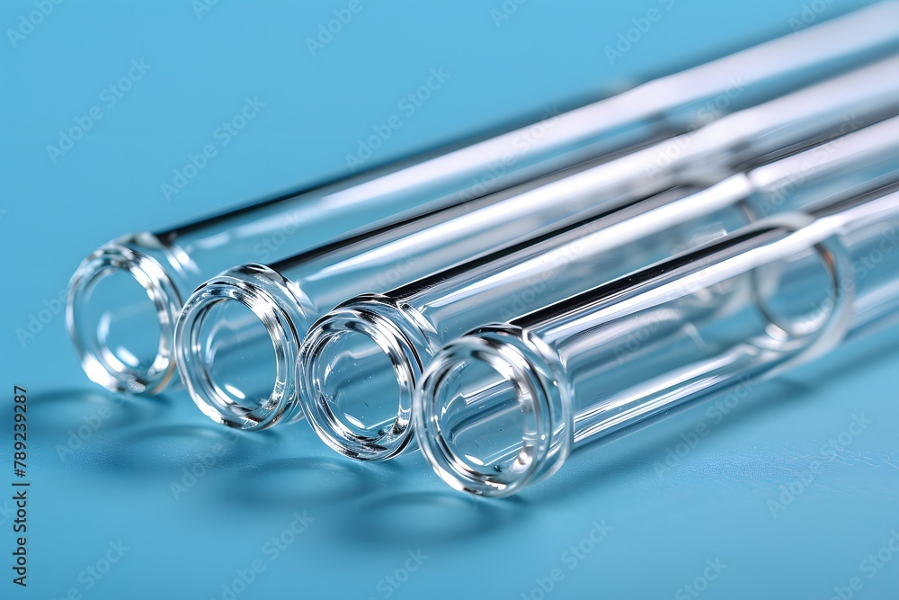 Group of Glass Tubes on Blue Surface. Generative AI Group of Glass Tubes on Blue Surface. Generative AI
