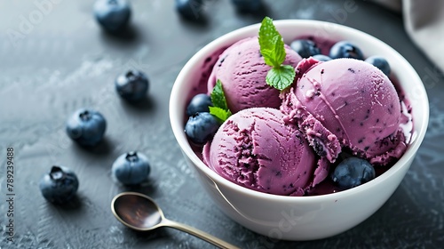 bowl of blueberry ice cream with mint leaves