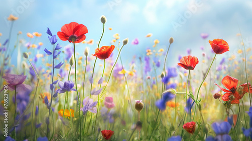 A field of flowers with a blue sky in the background.