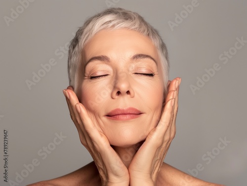senior woman with perfect face skin  older woman with closed eyes touching her perfect skin. lift products salon care