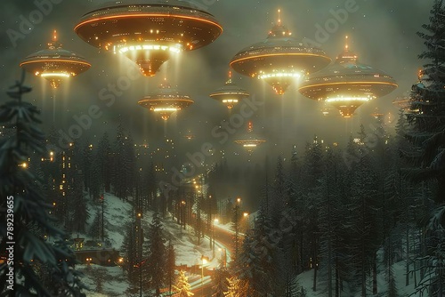 UFO alien spaceships flying at night generative ai illustration