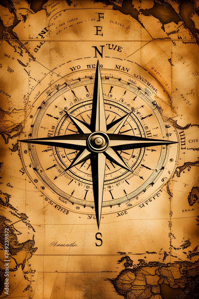 Vintage compass on an ancient map - nautical adventure vibes with faded parchment and compass rose.