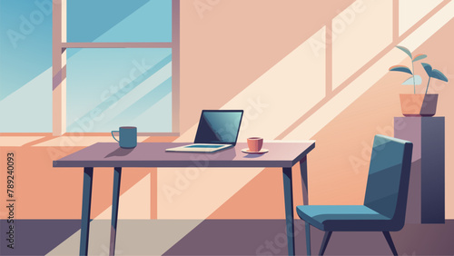 A small desk with a clean and unadorned surface stands in a bright and airy office. The only objects on the desk are a simple laptop and a cup