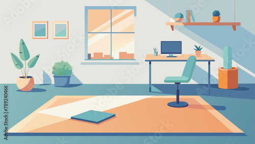 The home office exudes a calming and serene atmosphere with a designated stretching and yoga zone complete with a floor mat and meditation