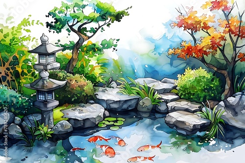   A tranquil Japanese garden with a koi pond and stone lanterns  inked with delicate precision