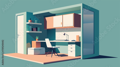 A compact studio apartment with a customizable modular desk that can be rearranged and folded away making use of vertical space and allowing