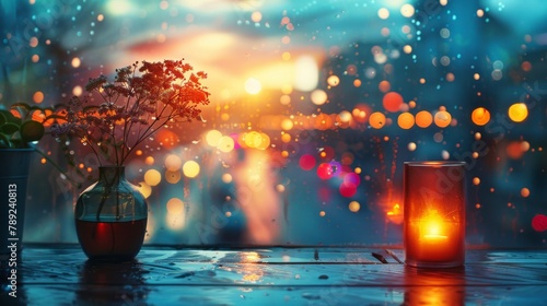 A calming scene with candlelight reflecting on a wet window, raindrops, and a cozy sunset backdrop photo