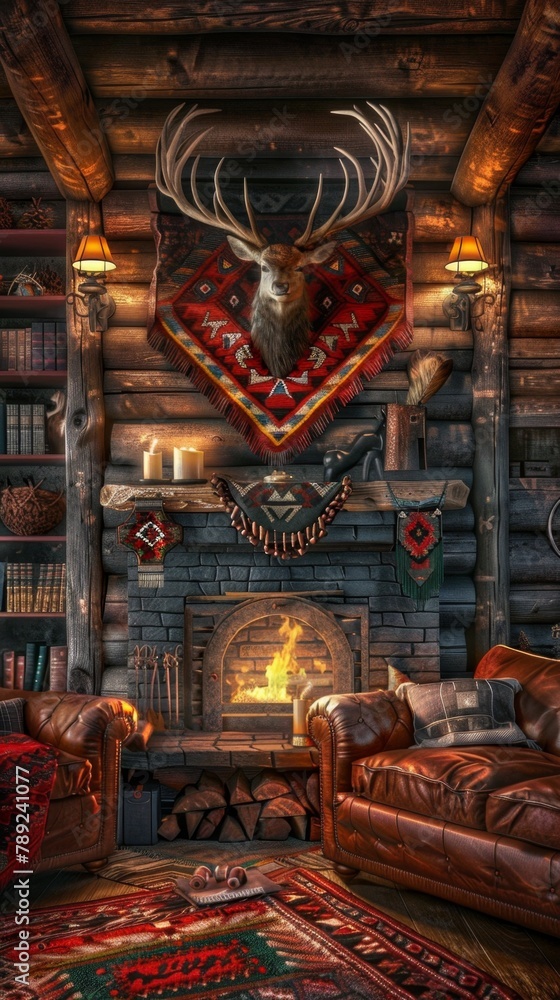 Fireplace in a log cabin with a deer head on the mantle. Vertical background