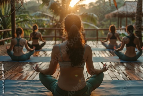 Yoga day concept. Multiple exposure image. Woman practicing yoga at sunset photo