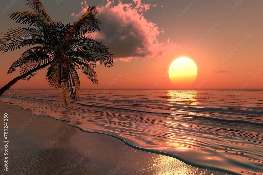 : A tranquil beach scene with a palm tree and a setting sun