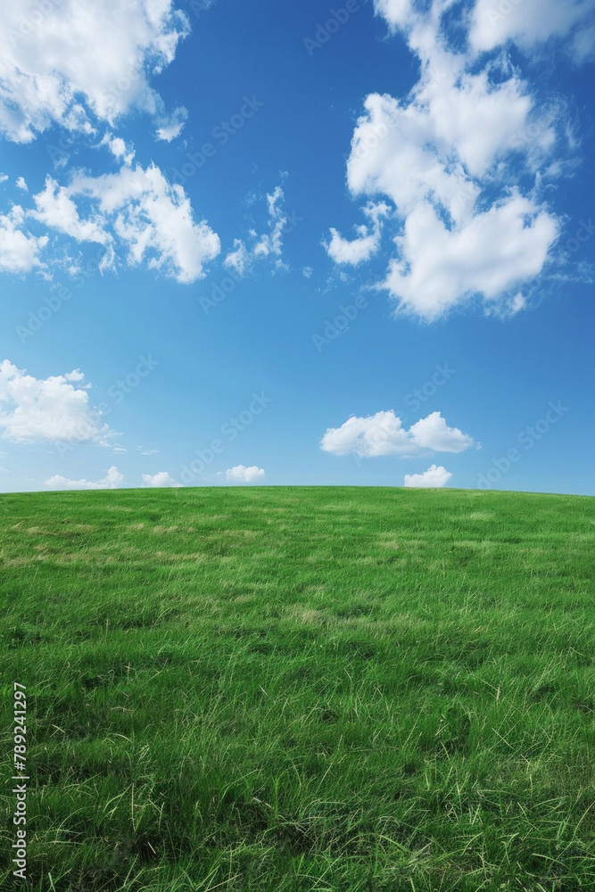 A wide green grass field with a blue sky