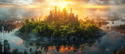 An imaginative cityscape where a city is intertwined with lush greenery and bathed in the ethereal light of sunset