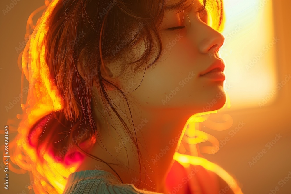 Pensive woman with colorful lighting touching her head Pensive woman with colorful lighting touching her head