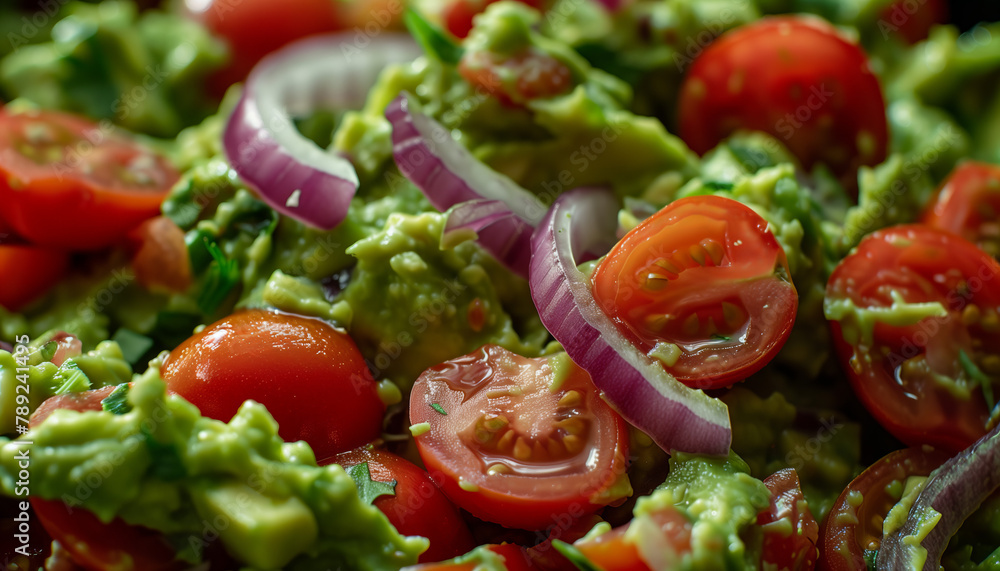 Traditional Mexican guacamole texture recipe garnished with chopped tomatoes and spicy red onion, healthy food concept background. Traditional Mexican guacamole texture recipe garnished with chopped tomatoes and spicy red onion, healthy food concept background.