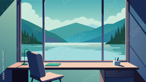 The office desk is strategically p by the window offering a breathtaking view of a tranquil lake. The tranquil waters and greenery provide a