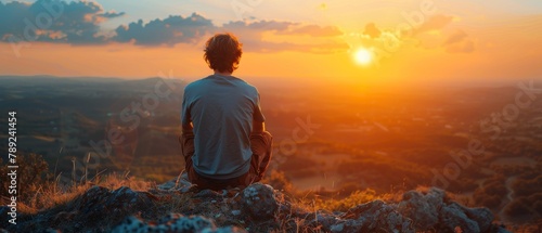 A serene image of a man sitting in contemplation, observing the sunset over a hilly landscape, evoking peace photo