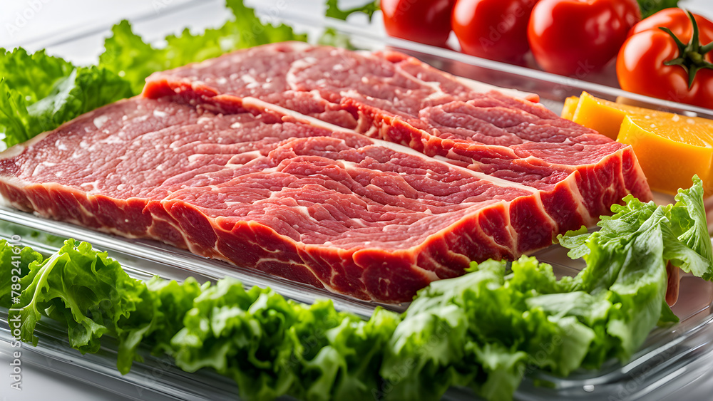 Raw meat patties in the refrigerator, cut steak, delicious food ingredients, and restaurant chefs
