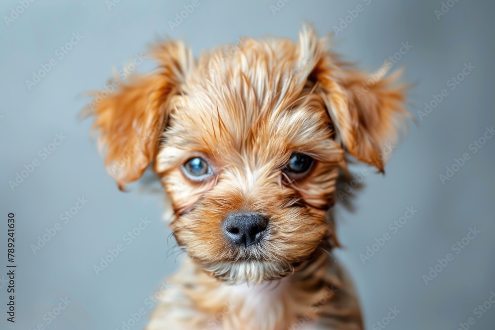 An adorable brown puppy sits attentively against a teal background An adorable brown puppy sits attentively against a teal background