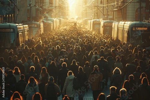 Trams line up on a busy city street crowded with rush-hour pedestrians bathed in golden sunlight photo