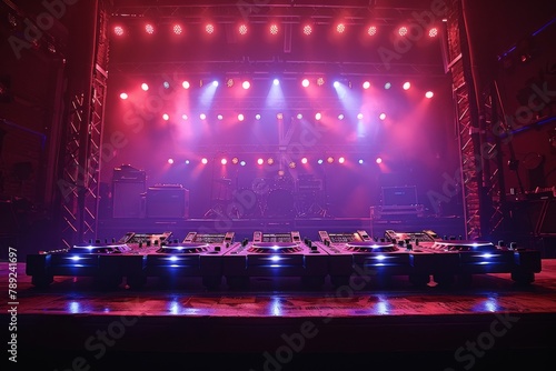 An empty concert stage lit by pink and blue spotlights with musical instruments and a drum set ready for a live performance