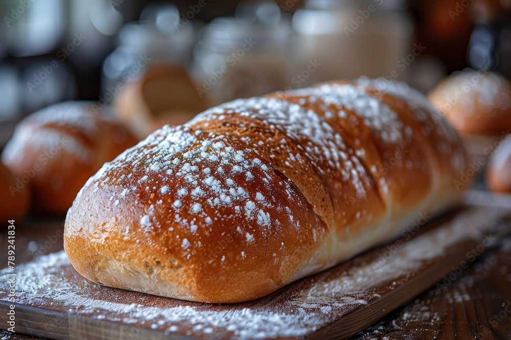 Artisan bread on a wooden cutting board is adorned with a dusting of powdered sugar, highlighting the craftsmanship of baking Artisan bread on a wooden cutting board is adorned with a dusting of powdered sugar, highlighting the craftsmanship of baking