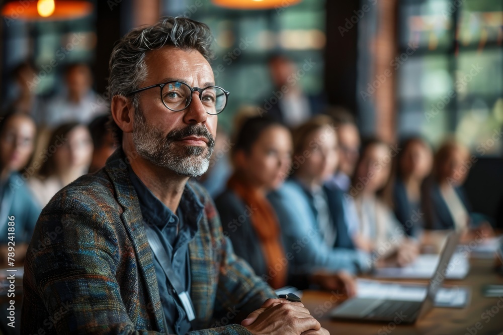 A mature, stylish man with glasses is captured at a business conference, embodying wisdom and experienced leadership A mature, stylish man with glasses is captured at a business conference, embodying wisdom and experienced leadership