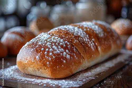 Artisan bread on a wooden cutting board is adorned with a dusting of powdered sugar, highlighting the craftsmanship of baking