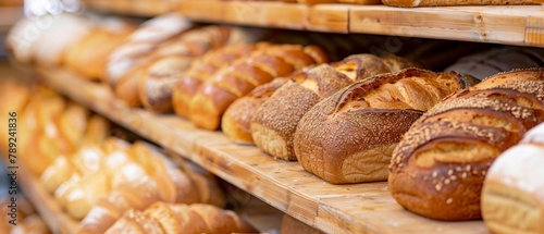 Close-up of a gourmet bread collection on wooden bakery shelves, featuring a variety of crusty loaves.