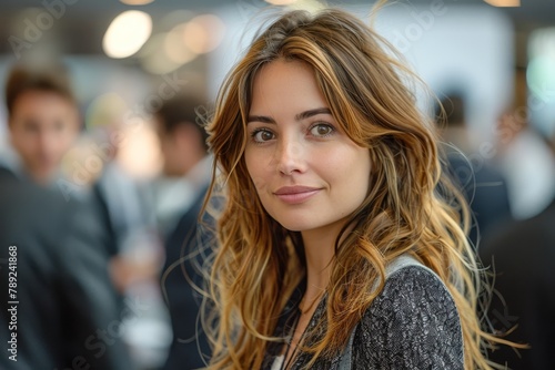 Radiant young woman with flowing wavy hair poses in an office environment, showcasing approachability
