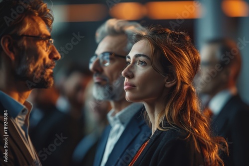 Several individuals are engaged in conversation at a networking event, set in a dimly-lit atmospheric room with focus on one person