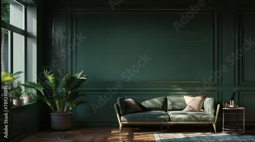 Empty living room with dark green tones wall. 3d Rende
