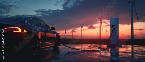 An electric car basks in the serene twilight, connected to a charging point with windmills stretching into the orange horizon.