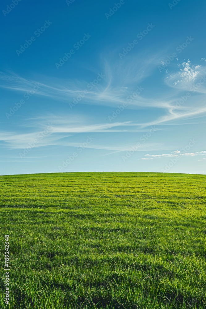 A wide green grass field with a blue sky