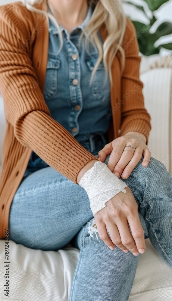 Female with gauze bandage on hand requiring immediate medical attention for an injury Female with gauze bandage on hand requiring immediate medical attention for an injury