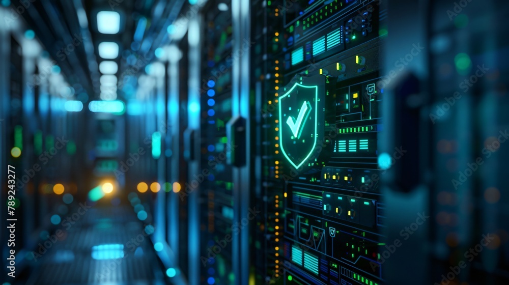 Obraz premium Server racks with green checkmark shield