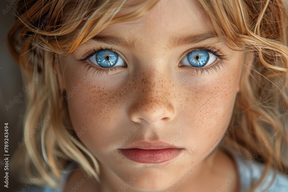 An intimate close-up capturing the innocence and beauty of a child's face with striking blue eyes and freckles An intimate close-up capturing the innocence and beauty of a child's face with striking blue eyes and freckles