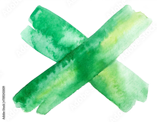 Kreuz x in grüner wasserfarben isoliert auf weißen Hintergrund, Freisteller