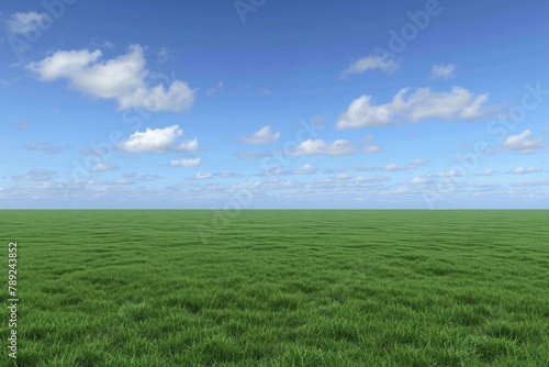 A wide green grass field with a blue sky