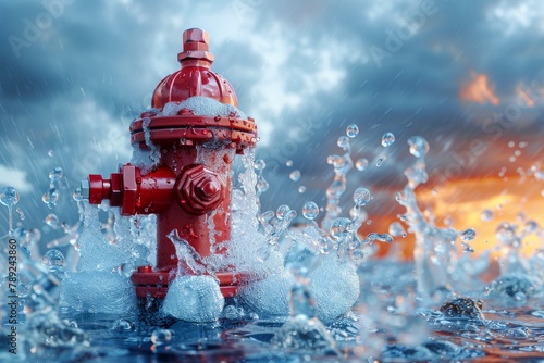 An isolated fire hydrant energetically splashes water against a dramatic sky backdrop photo