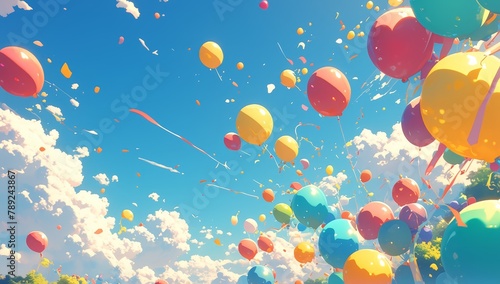 A vibrant background of colorful balloons floating in the sky, creating an atmosphere filled with joy and celebration for a kids' birthday party backdrop.