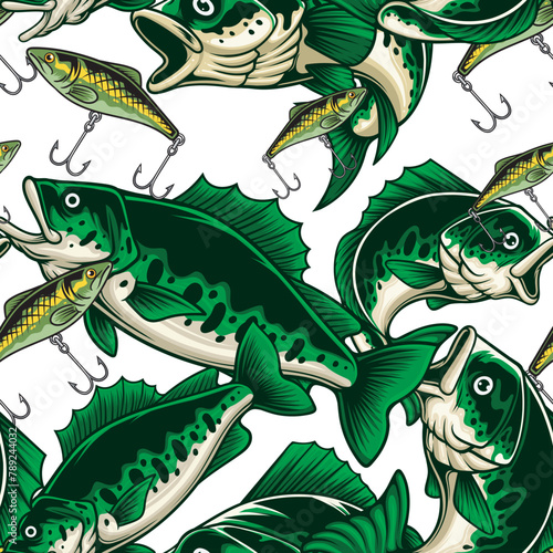 Vector Illustration of Bass Fish and Fishing Baits with Vintage Illustration Available for Pattern