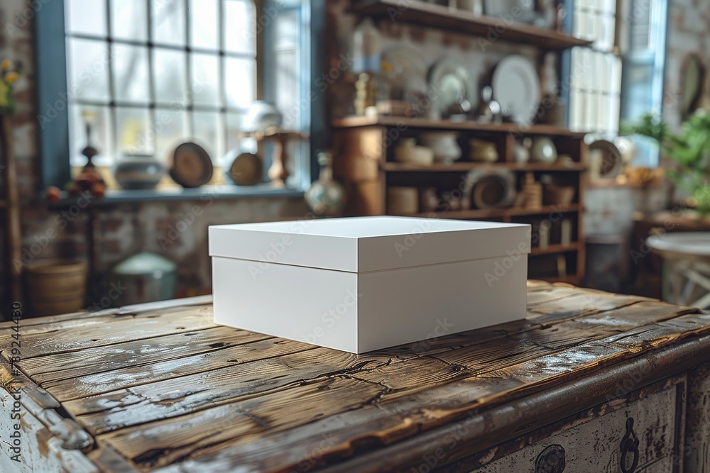 An appealing white box is perched atop an antique wooden surface, set against a vintage room with charming decor elements