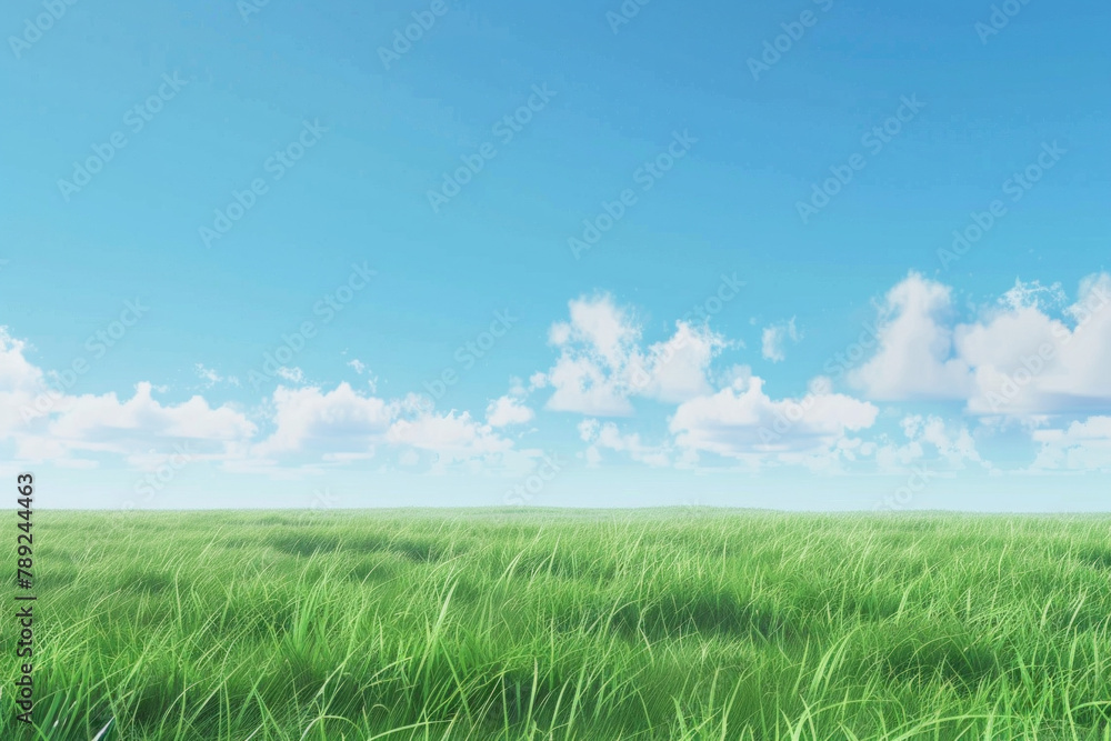 Fototapeta premium A wide green grass field with a blue sky
