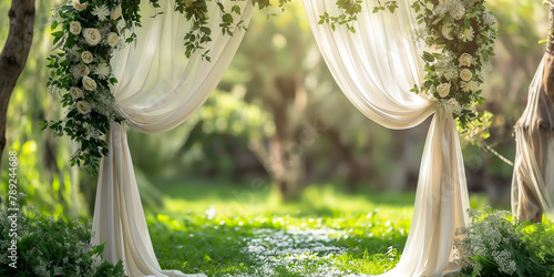 backdrop photo with white curtain in the garden, white curtain backdrop for ceremony party, outdoor backgrop with blured background